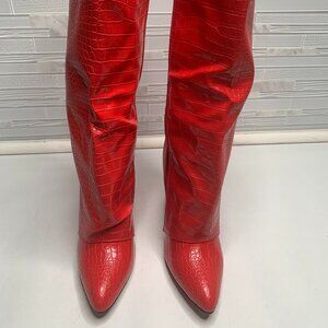 Women Faux Leather Knee High Boots Fold Over Pointed Toe Gold Hardware